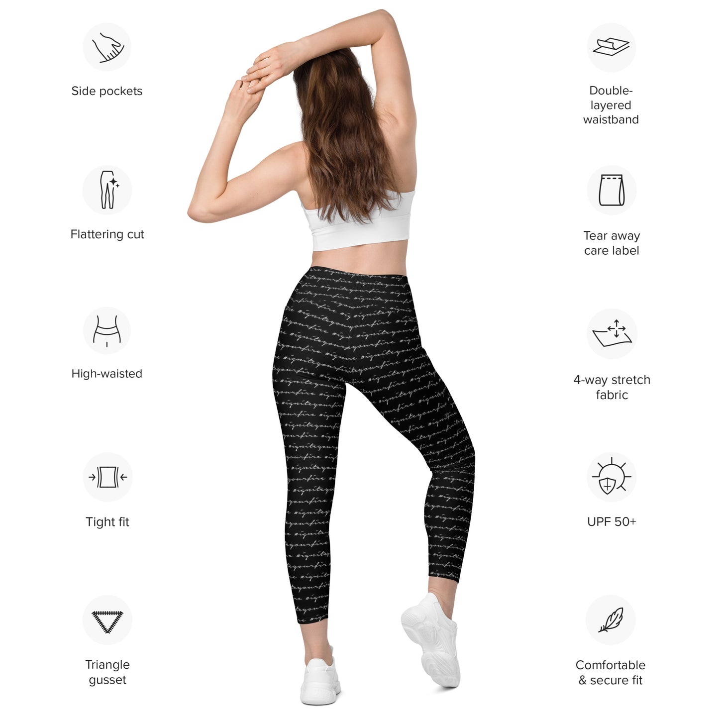 Black Ignite Your Fire Pattern Leggings with Pockets