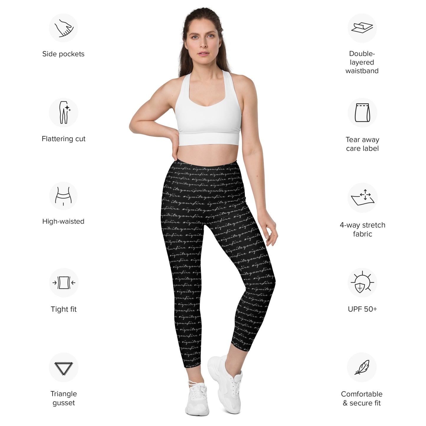 Black Ignite Your Fire Pattern Leggings with Pockets